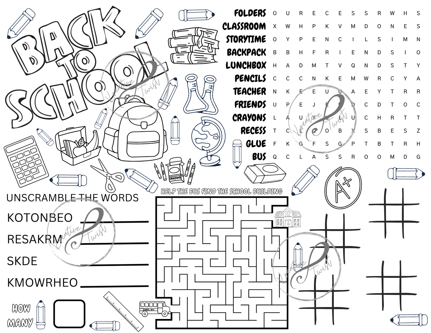 Back to School Activity Coloring Page (Digital Downloads)