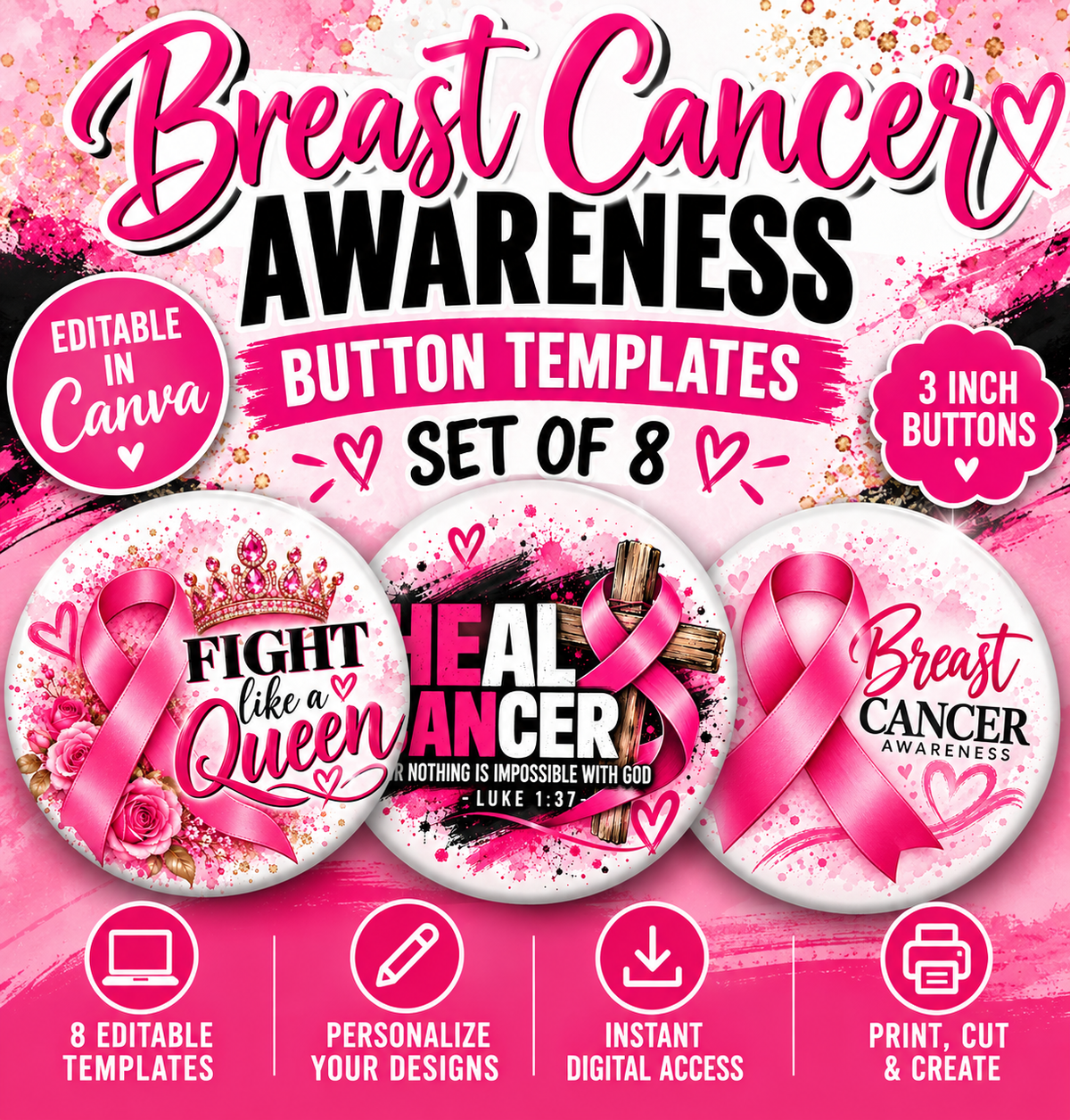 Breast Cancer Awareness Button Templates | Set of 8 | Editable Canva Templates