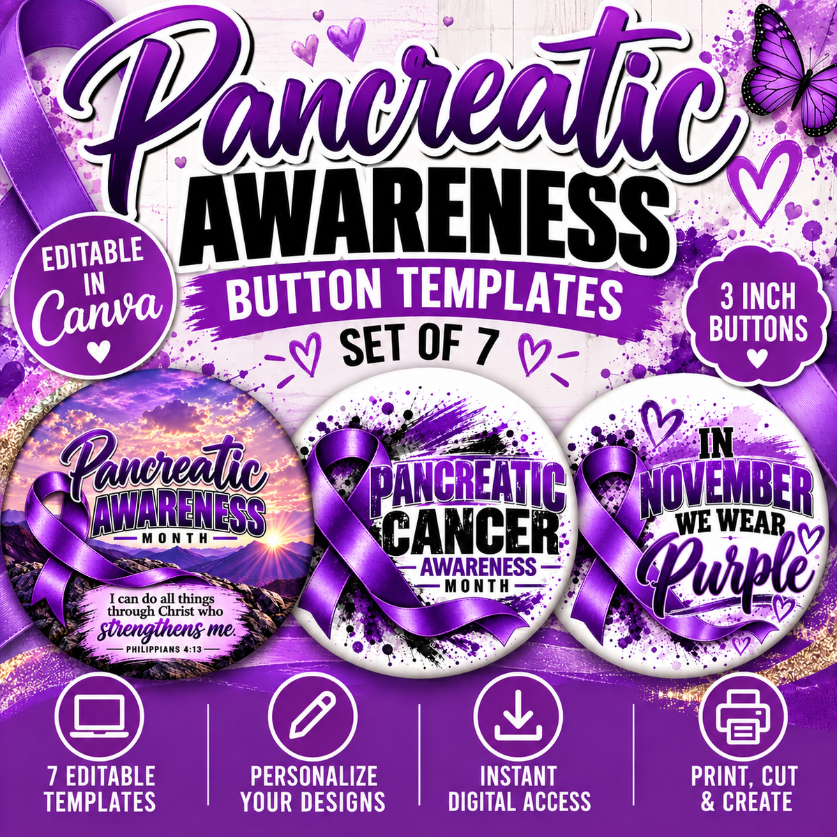 Pancreatic Cancer Awareness Button Templates | Set of 7 | Editable Canva Templates