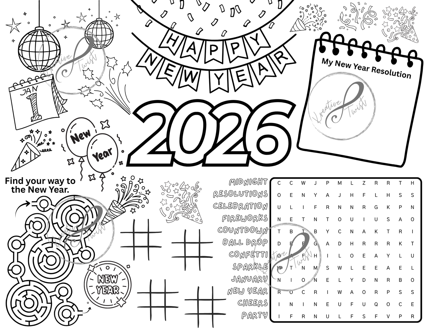New Year Activity Coloring Page (Digital Downloads)