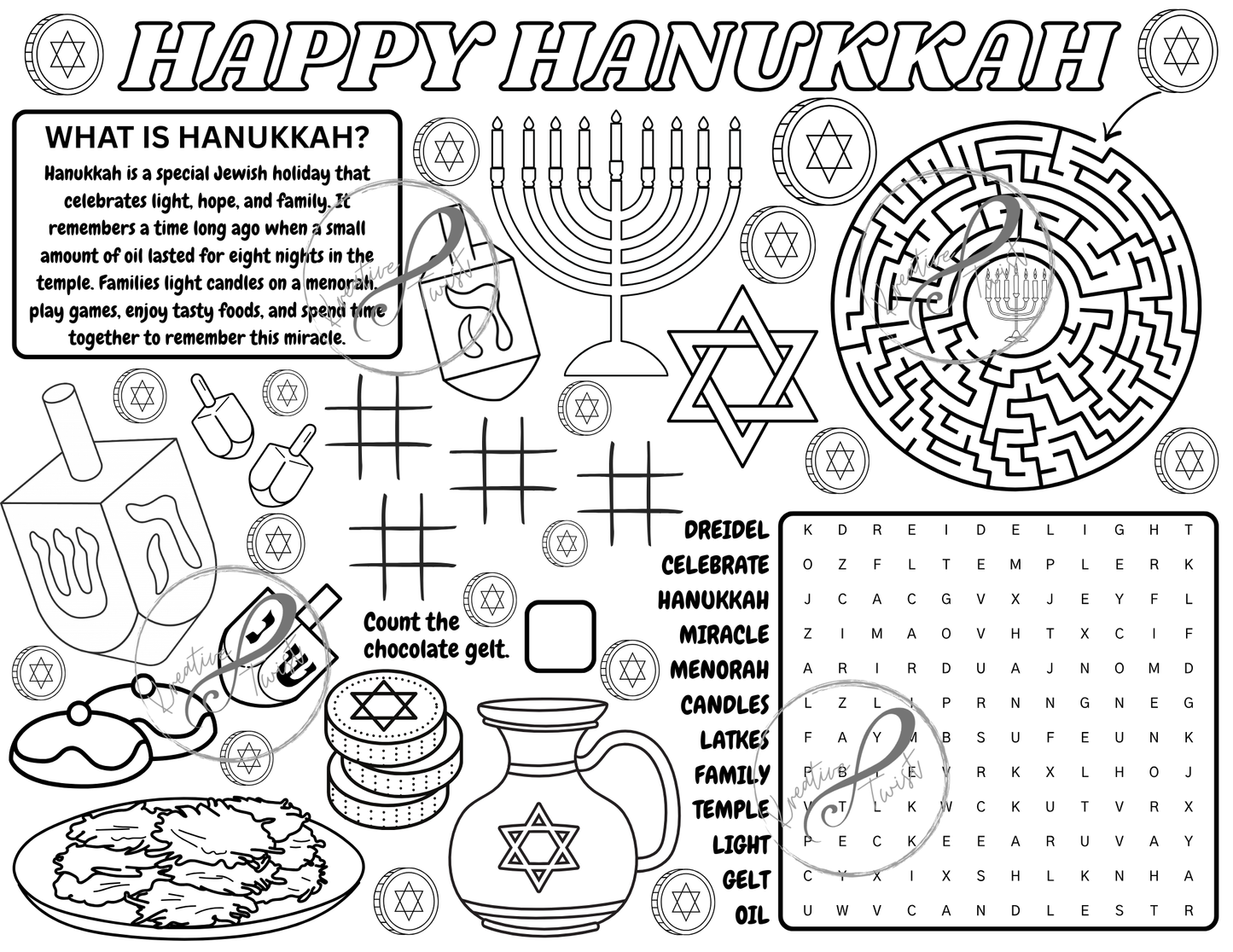 Happy Hanukkah Activity Coloring Page (Digital Downloads)