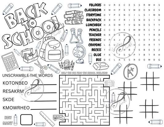 Back to School Activity Coloring Page (Digital Downloads)