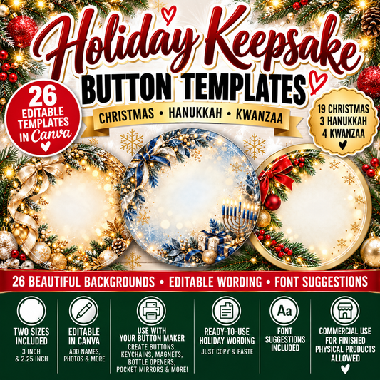 Holiday Keepsake Button Templates | 26 Editable Canva Designs | Christmas, Hanukkah &amp; Kwanzaa